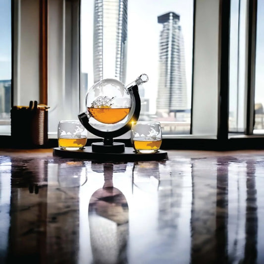 850ml Whiskey or Wine Globe Glass Decanter Set - 2x Glasses + Wooden Stand - Mekamart Australia