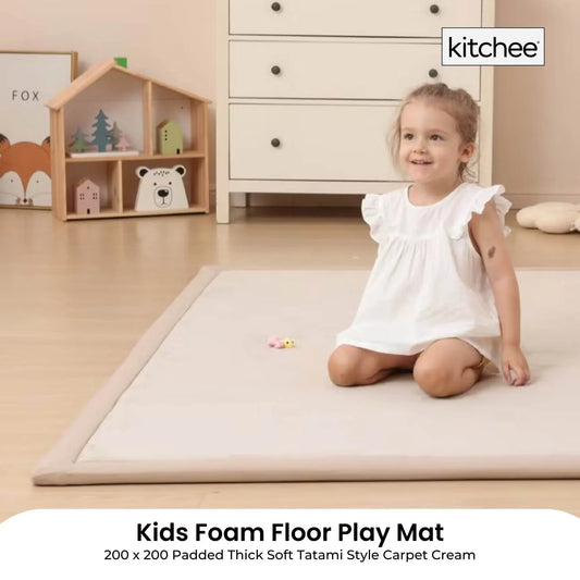 Kitchee Kids Foam Floor Play Mat 200x200cm – Padded Thick Soft Tatami Style Cream - Mekamart Australia