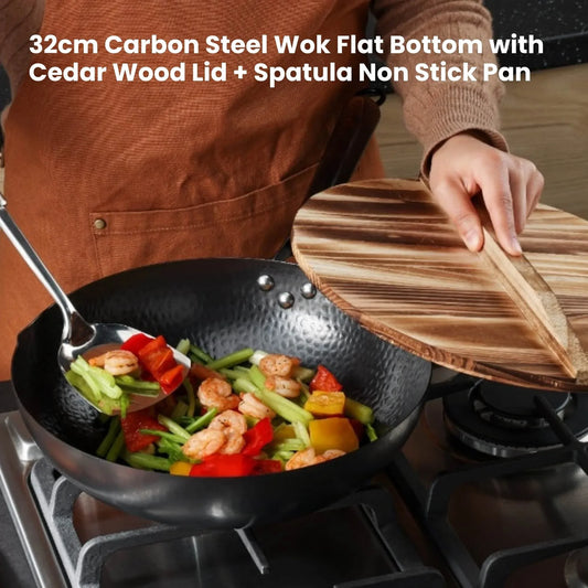 Kitchee 32cm Carbon Steel Wok Set Flat Bottom with Wood Lid + Spatula - Induction Ready - Mekamart Australia