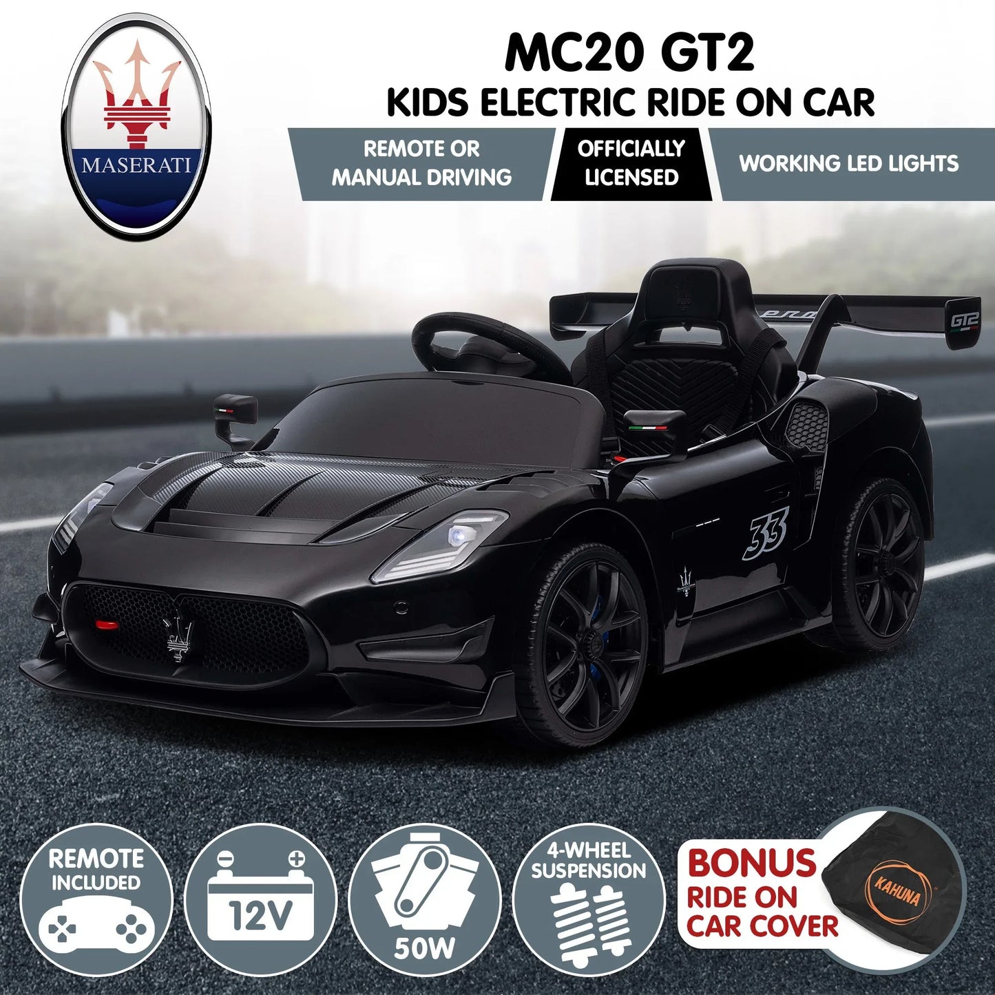 Kahuna Maserati MC20 GT2 Licensed Electric Kids Ride On Race Car Black - Mekamart Australia