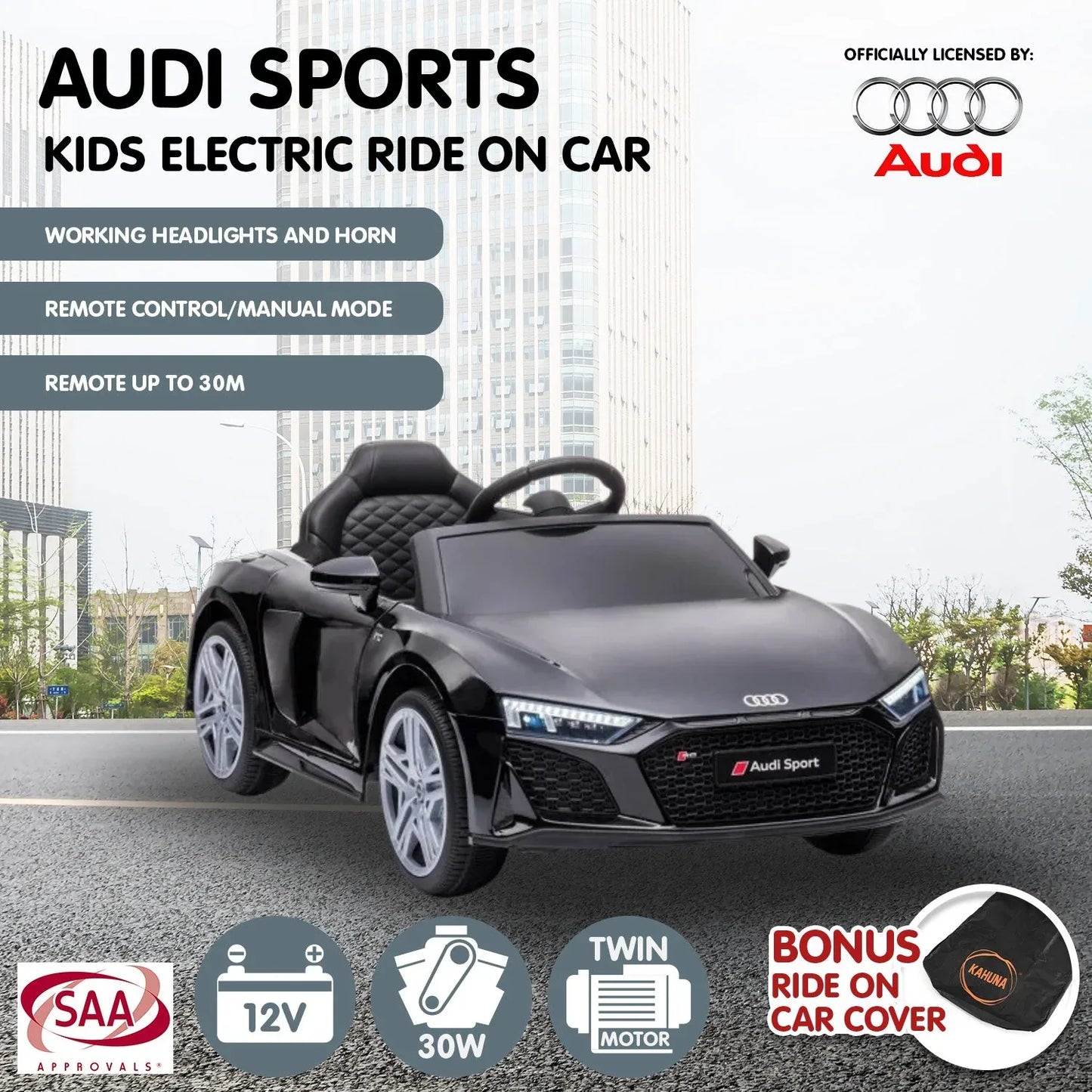 Kahuna Audi Sport Licensed Kids Electric Ride On Car Remote Control - Black - Mekamart Australia