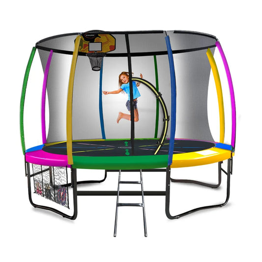 Kahuna 14ft Outdoor Trampoline Kids Children With Safety Enclosure Pad Mat Ladder Basketball Hoop Set - Rainbow - Mekamart Australia