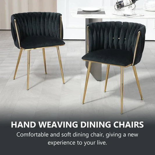 SERENITà Black Modern Hand Weaving Dining Chairs,Velvet Upholstered Side Chairs with Gold Legs, Chic Vanity Chairs with Armrest, Accent Chair for Dining Room, and Cafe Set of 2 - Mekamart Australia