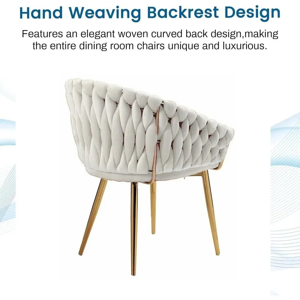 SERENITà Ivory Modern Velvet Dining Chairs, Upholstered Living Room Chair with Woven Back and Golden Metal Legs, Mid-Century Accent Set of 2(Ivory) - Mekamart Australia