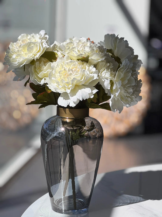 Artificial Bloomed Peony Bunch – Set of 2 Bunches – 45cm with 5 Flowers Each - White - Mekamart Australia