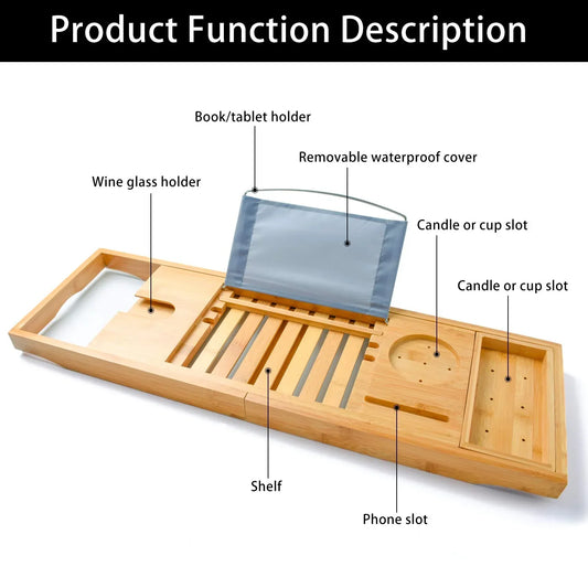 Bamboo Bathtub Bath tub Tray Table Caddy Tray Cellphone,Book,Tray Wineglass Holder - Mekamart Australia