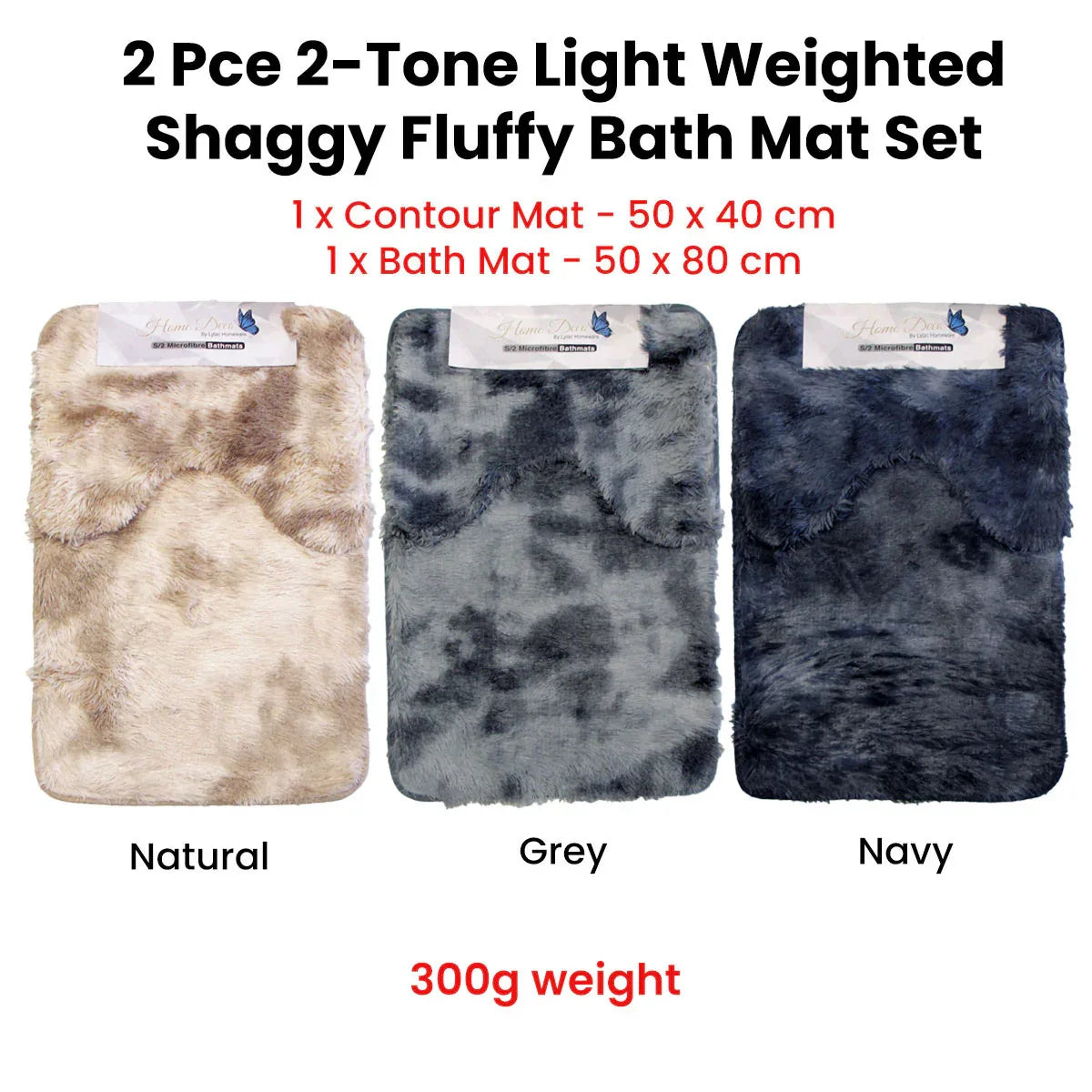 2 Pce 2-Toned Extra Light Weighted Shaggy Fluffy Bath Mat Set Grey - Mekamart Australia
