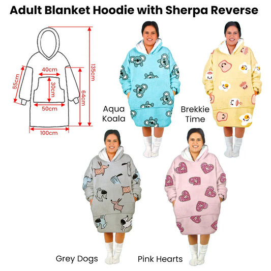 Adult Women Comfy Warm Blanket Hoodie with Sherpa Fleece Reverse Grey Dogs - Mekamart Australia