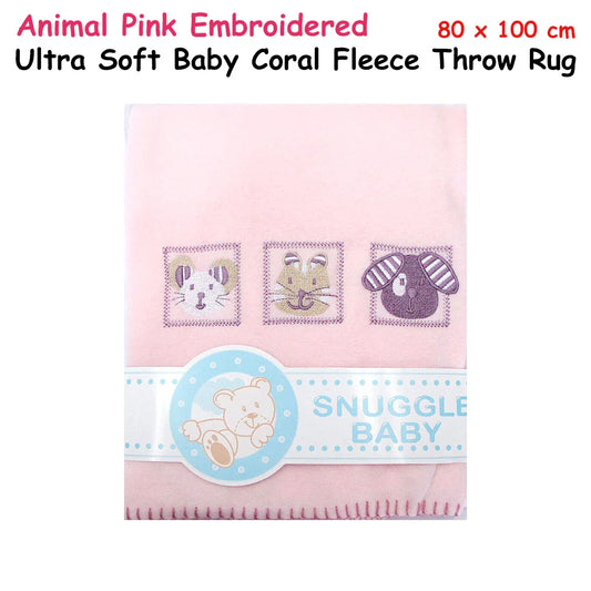 Animal Pink Embroidered Polar Fleece Baby Blanket 80 x 100 cm - Mekamart Australia