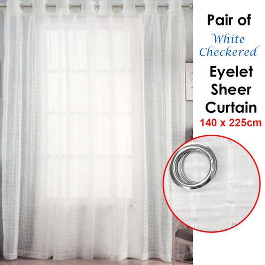 Pair of White Checkered Eyelet Sheer Curtains 140 x 225cm - Mekamart Australia