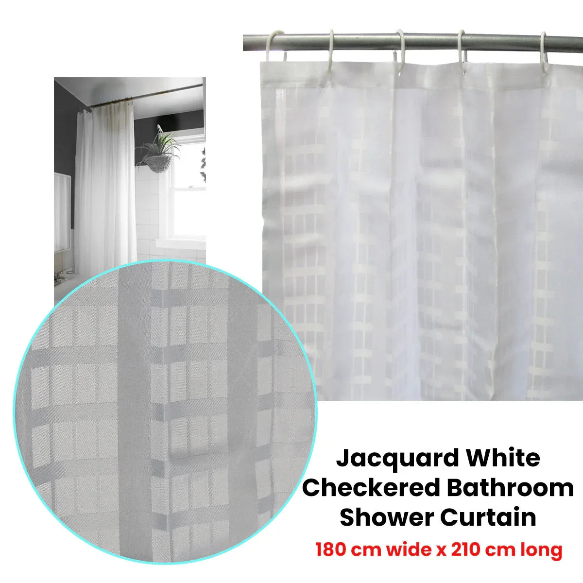 Jacquard White Checkered Bathroom Shower Curtain 180cm wide x 210 cm long - Mekamart Australia