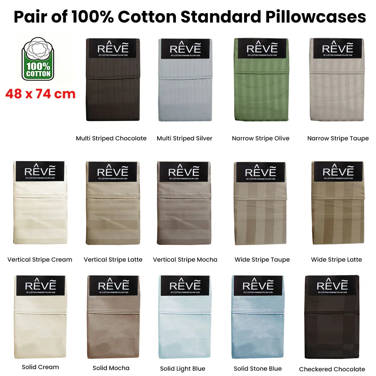 Pair of Reve 100% Cotton Standard Pillowcases 48 x 74 cm Solid Cream - Mekamart Australia