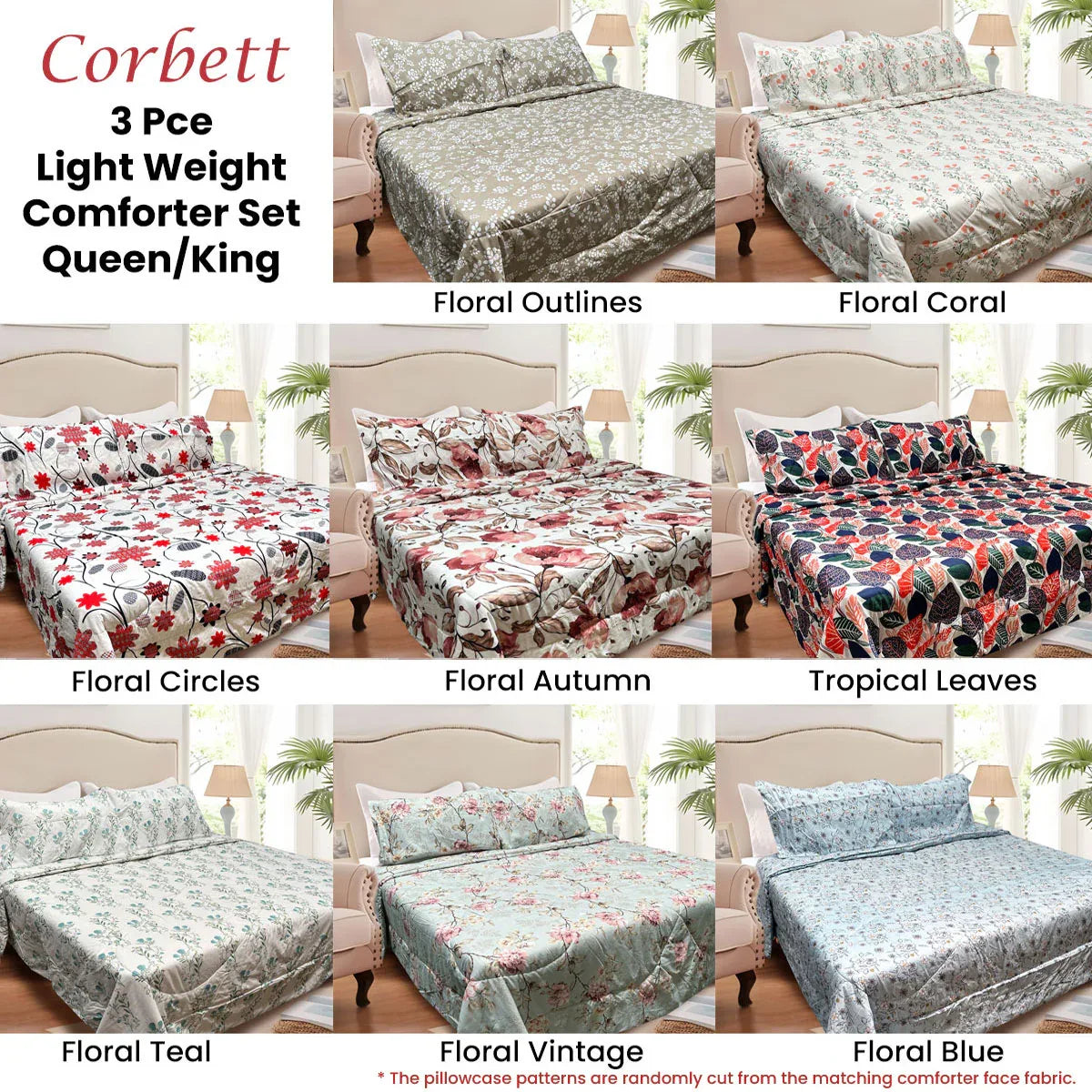 Hotel Living 3 Pce Light Weight Comforter Set Queen/King Corbett Floral Circles - Mekamart Australia