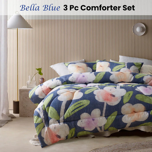 Accessorize Bella Blue Floral 3 Piece Comforter Set Double - Mekamart Australia