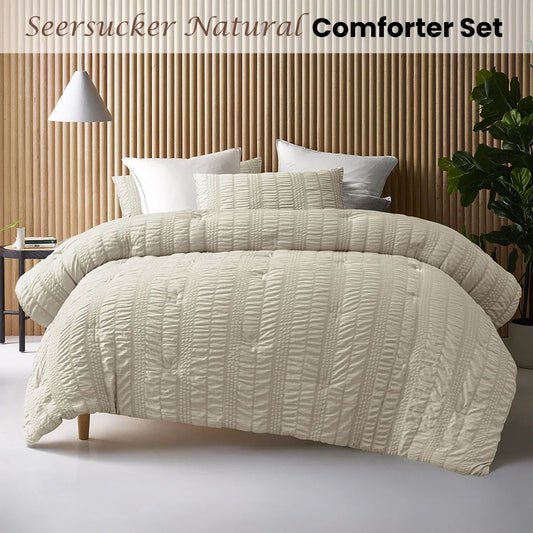 Accessorize Seersucker Natural 3 Piece Comforter Set Queen - Mekamart Australia