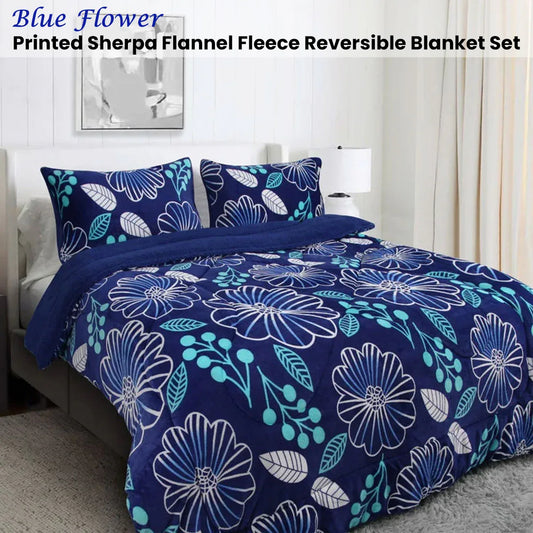 Ramesses Blue Flower Printed Sherpa Flannel Fleece Reversible Blanket Set Single/Double - Mekamart Australia