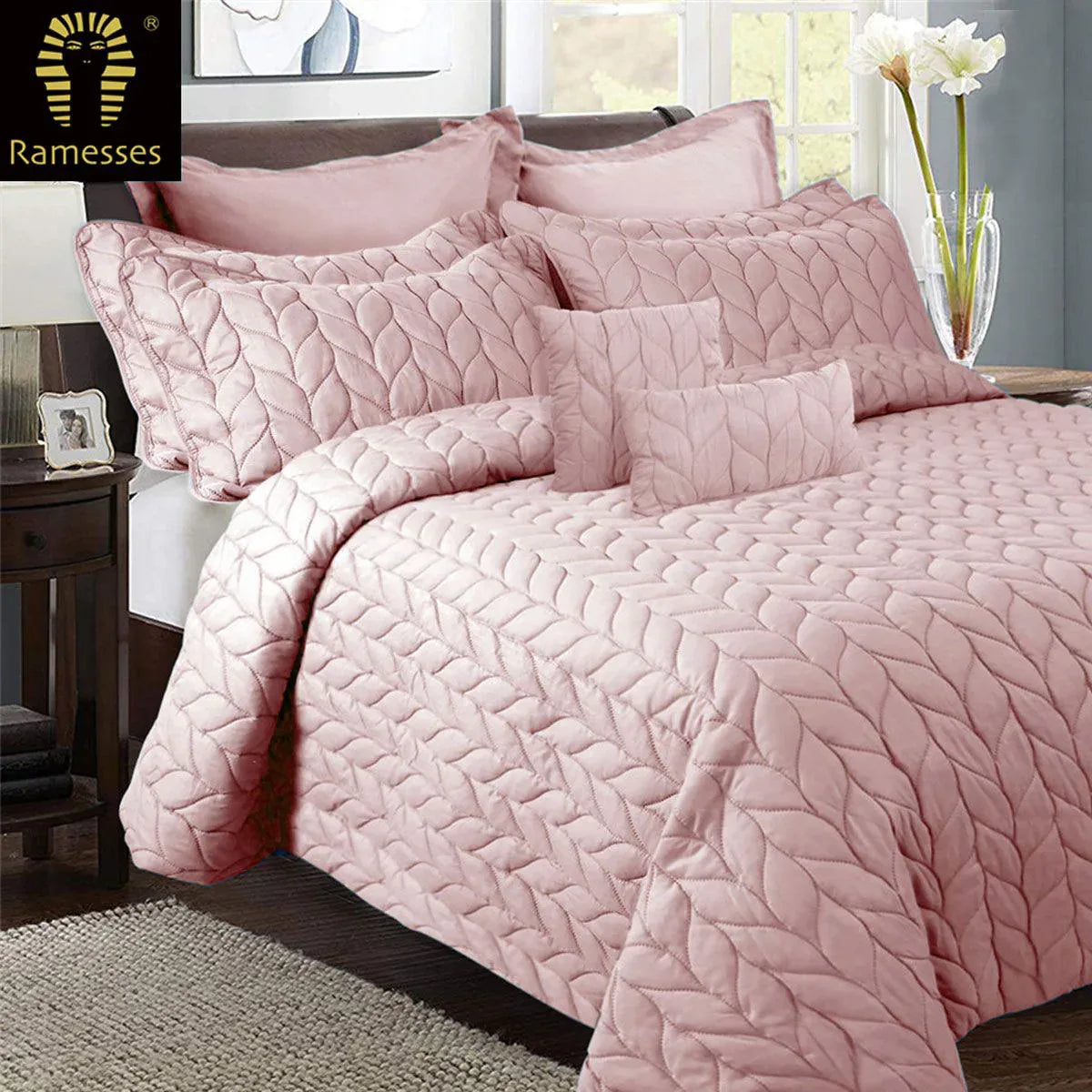 Ramesses 9 Piece Ultrasonic Comforter Set Queen Rose Pink - Mekamart Australia