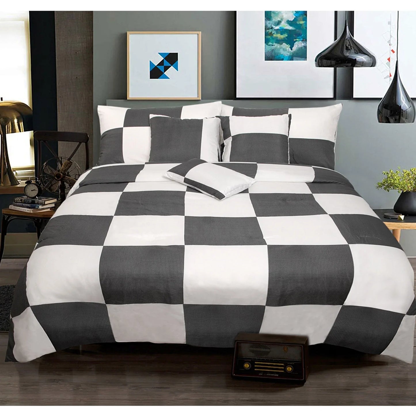 6 Piece Comforter Set Check Charcoal Queen by Shangri La - Mekamart Australia