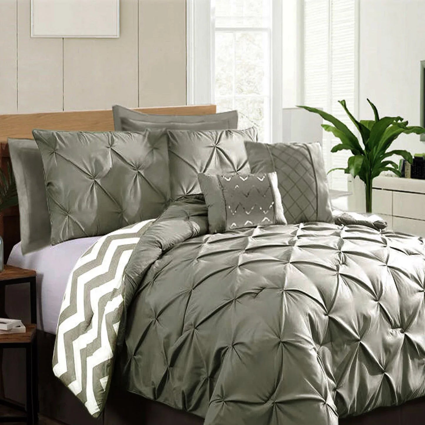 Ramesses 7 Piece Pinch Pleat Comforter Set Grey King - Mekamart Australia