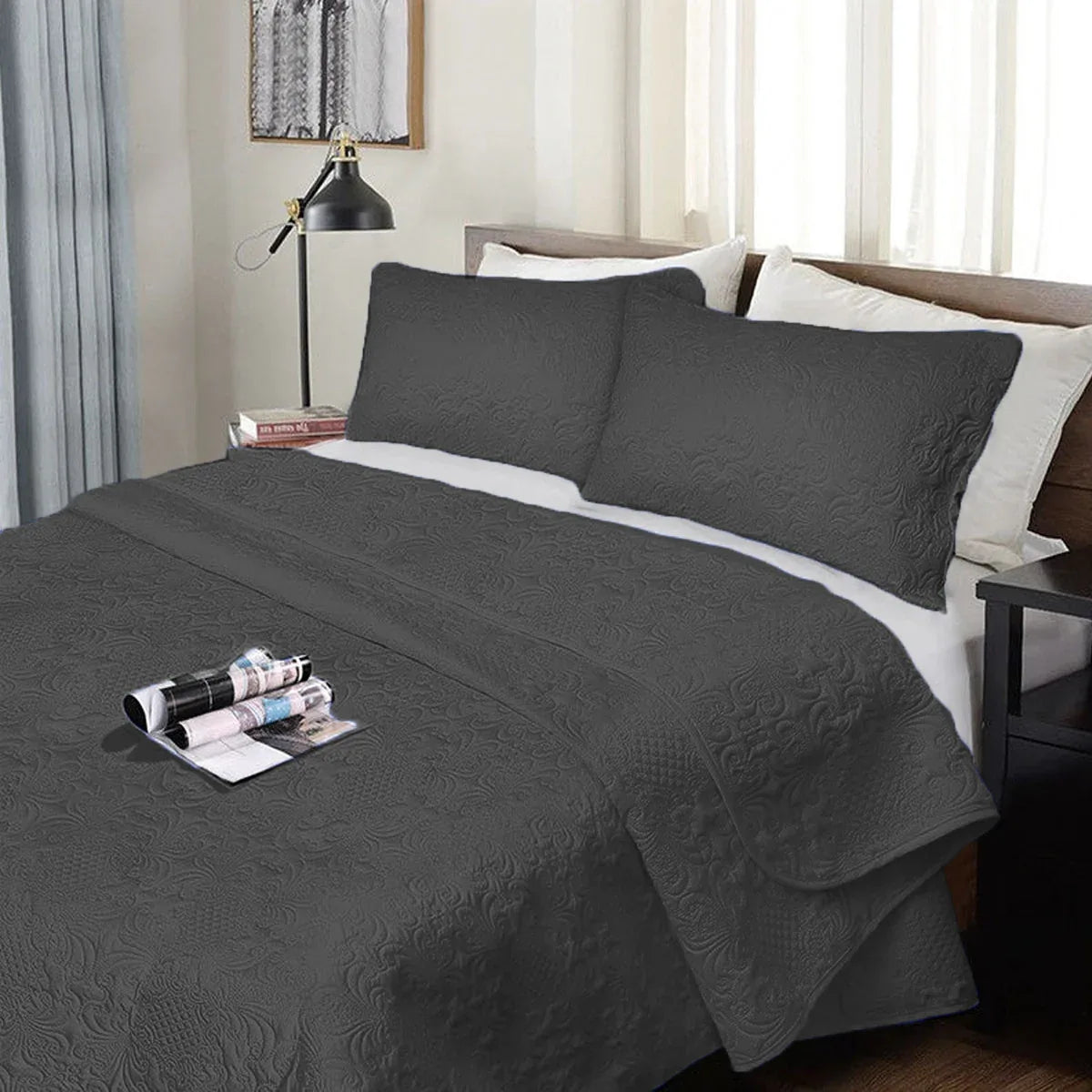 Ramesses 3 Piece Ultrasonic Comforter Set Queen Charcoal - Mekamart Australia