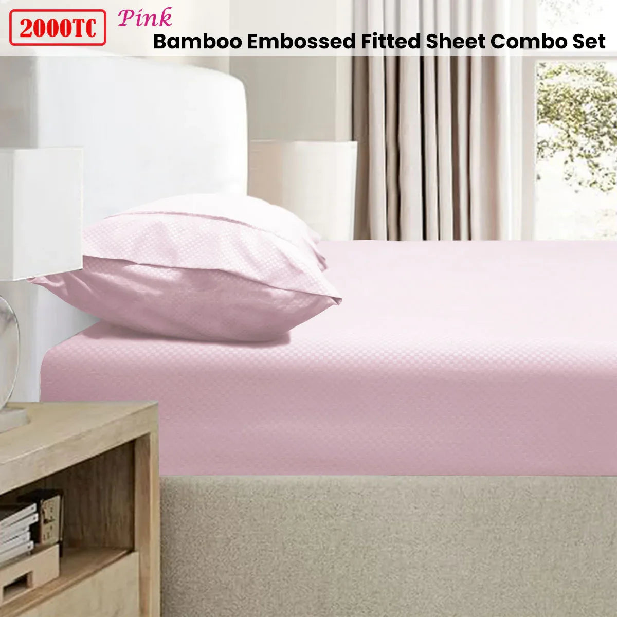 Ramesses 2000TC Bamboo Embossed Fitted Sheet Combo Set Pink Queen - Mekamart Australia
