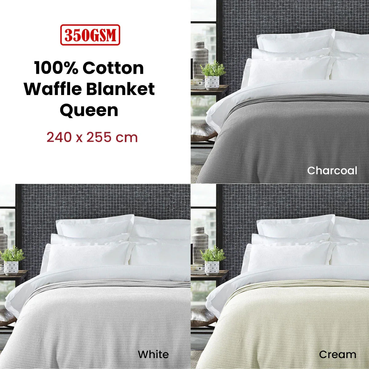 Living @ Home 350gsm 100% Cotton Breathable Waffle Blanket Queen 240 x 255 cm Charcoal - Mekamart Australia