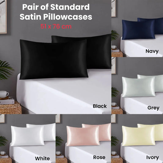 Pair of Standard Satin Silk Pillowcases with Envelope Closure 51 x 76 cm Black - Mekamart Australia