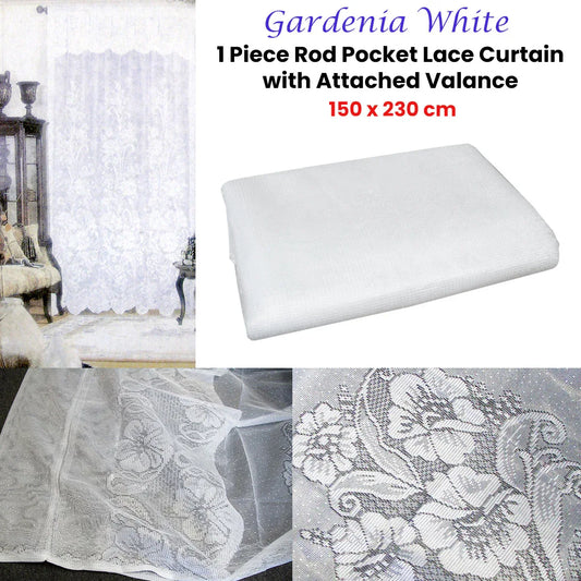 Gardenia White One Piece Rod Pocket Lace Curtain with Attached Valance - Mekamart Australia