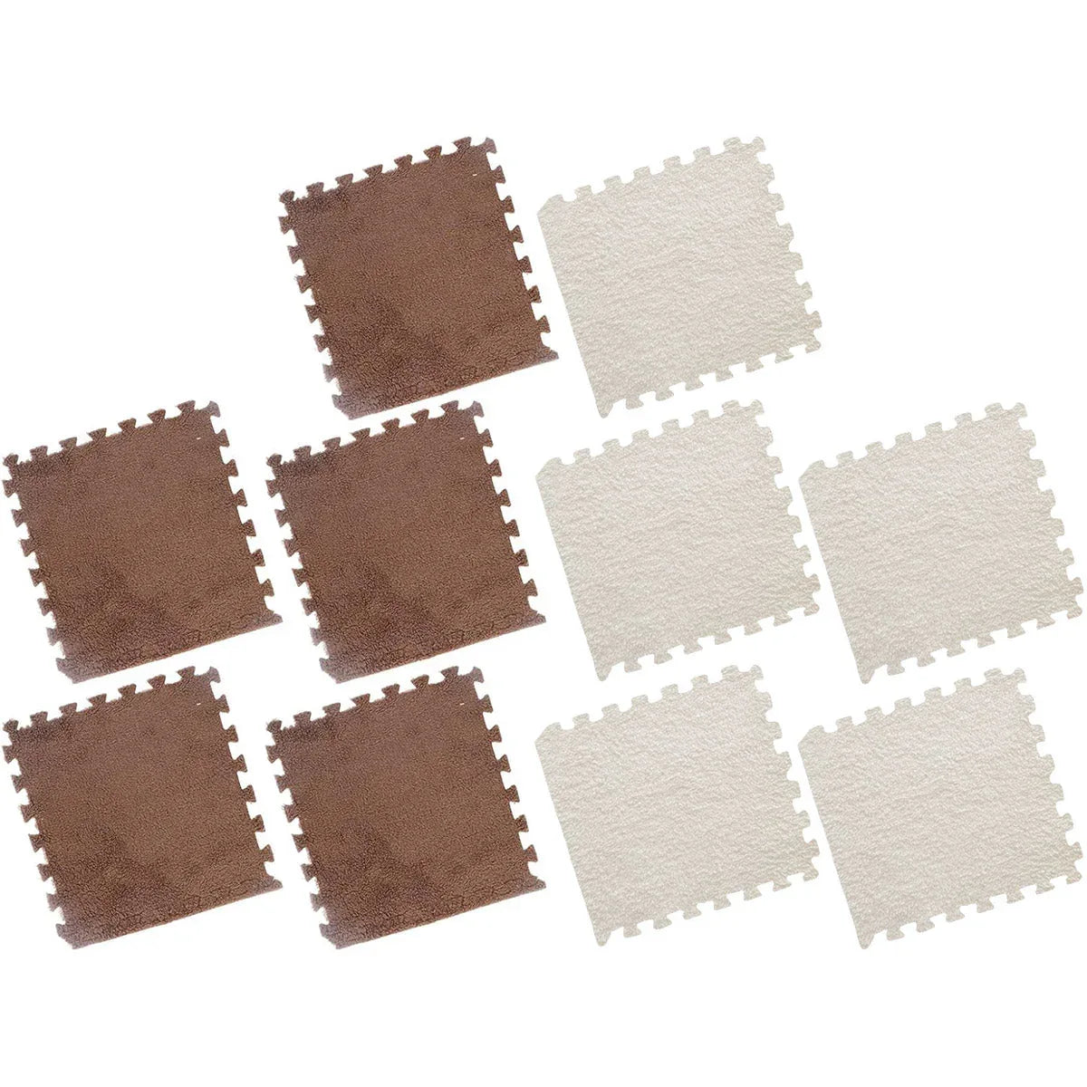 Foam Floor Mats Set 10PCS Shaggy Interlocking Tiles Soft for Kids Room Play Area - Camel-White - Mekamart Australia