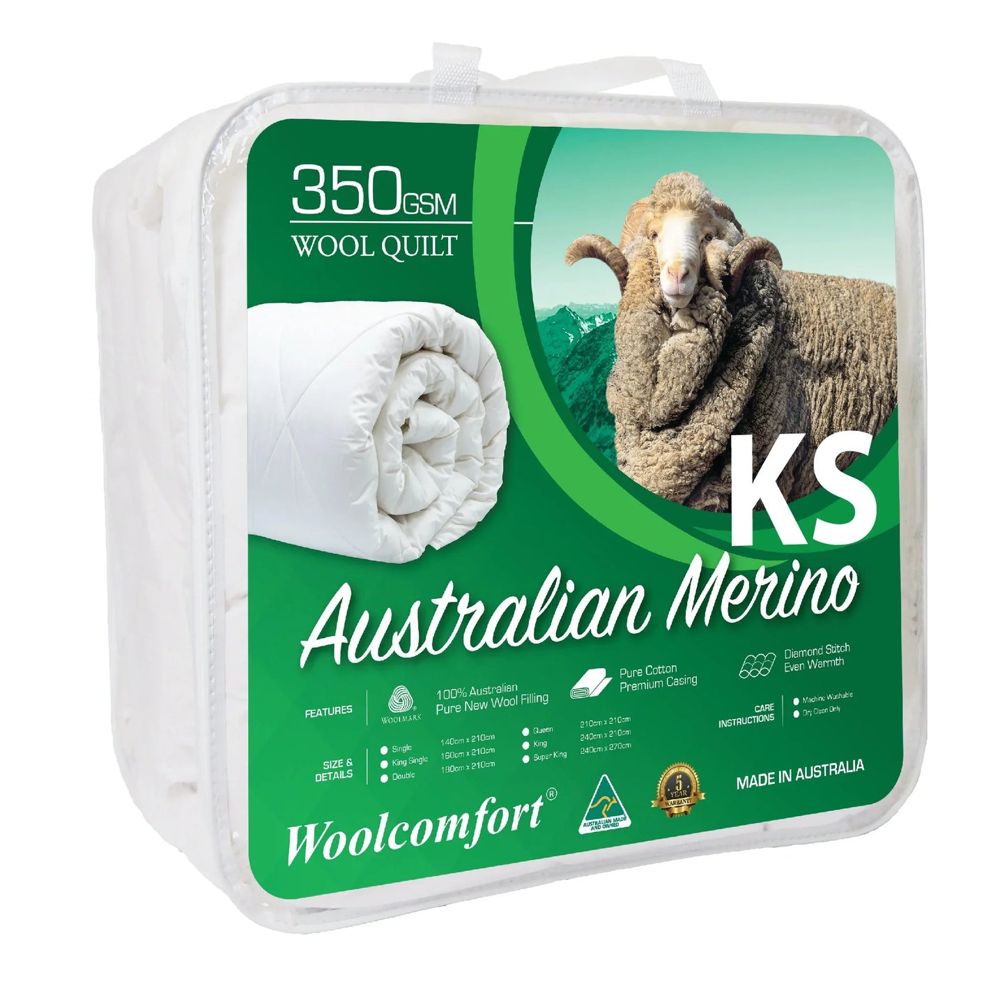 Woolcomfort Aus Made Merino Wool Quilt 350GSM 160x210cm King Single Size - Mekamart Australia