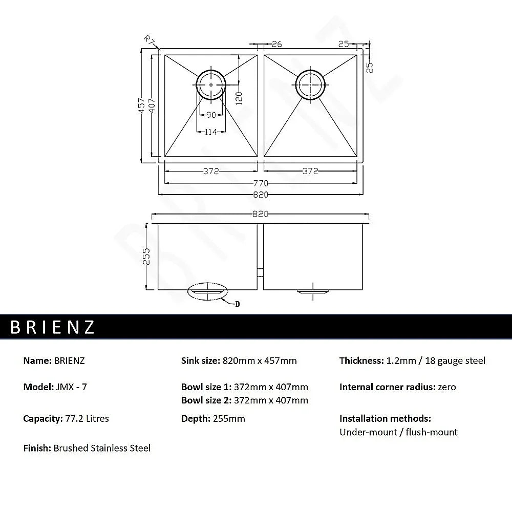820x457mm Handmade Stainless Steel Undermount / Topmount Kitchen Laundry Sink with Waste - Mekamart Australia