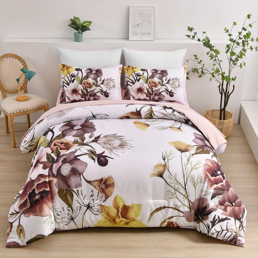 Floral Comforter Set, King Size, Blush Floral 3-Piece Bedding, Soft Microfiber for All Seasons - Mekamart Australia