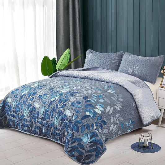 Blue Garden Coverlet Set with Quilted Floral Pattern and Pillowcases - Mekamart Australia