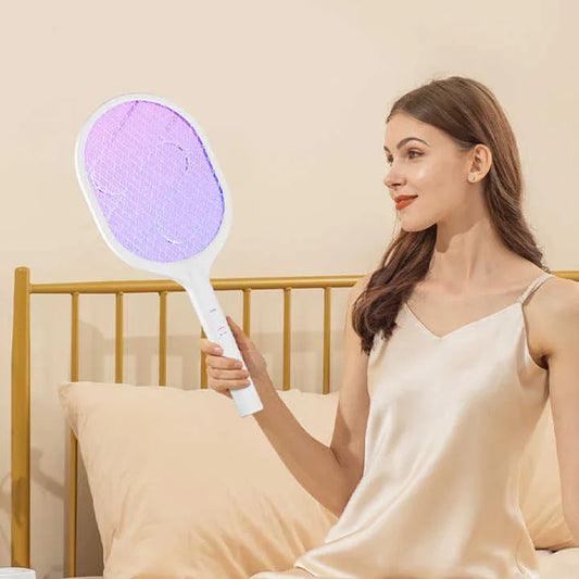 White Rechargeable Electric Mosquito Racket - 2-in-1 Mosquito Killer with Lithium Battery, Fly Swatter & Mosquito Zapper for Home Use - Mekamart Australia