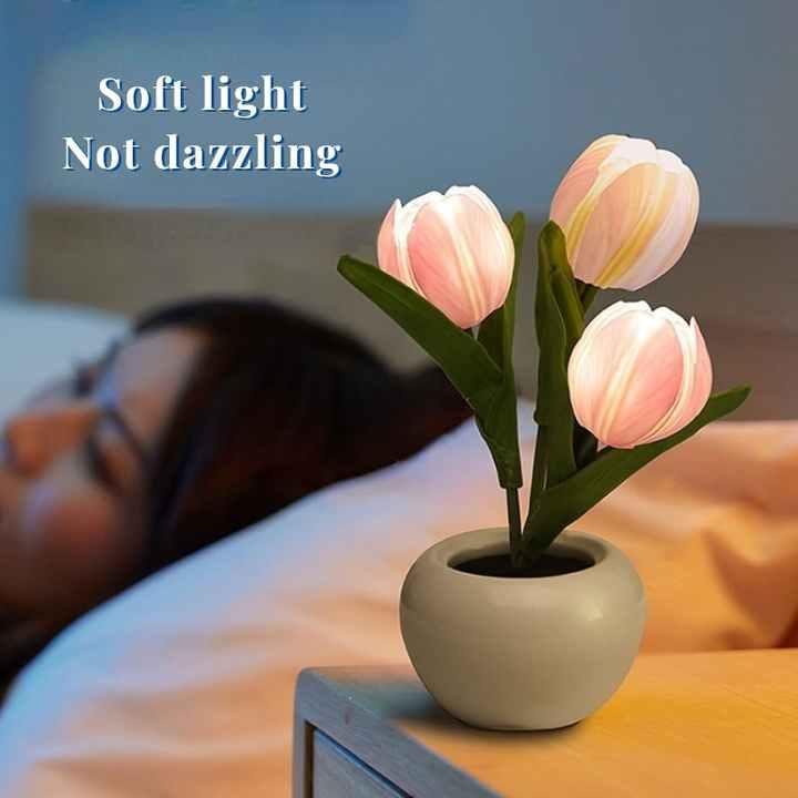 Yellow Flowers USB Tulip Night Light - Bedroom Decor Table Lamp with PU Flowers & Ceramic Pot, Perfect Gift for Family & Friends - Mekamart Australia