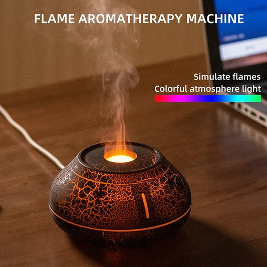 Flame Mountain Aroma Diffuser - 7-Color LED Light, 130ml Capacity, Ultrasonic Mist Maker for Home or Office, Cracked Black - Mekamart Australia