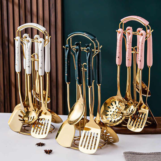 Black Gold Stainless Steel Kitchen Utensil Set - 7-Piece Golden Cooking Tools with Stand - Mekamart Australia