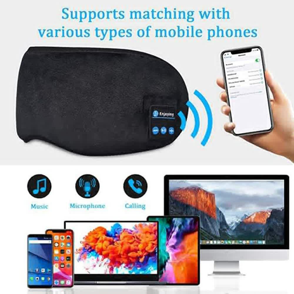 Black Bluetooth 5.0 Wireless Sleep Eye Mask - Soft Plush Eye Cover with Built-in Speakers (13 x 16.5 x 6 cm) - Mekamart Australia