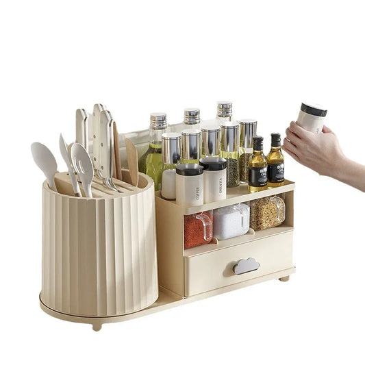 All-in-One Kitchen Countertop Organizer | Rotating Utensil Holder, Knife Block & Spice Rack with Drawer | Cream White - Mekamart Australia