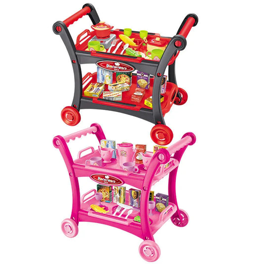 Red Children's Pretend Play Kitchen Cart Set with Toys - Roleplay Cooking Set with Accessories - Educational Toy for Kids - Mekamart Australia