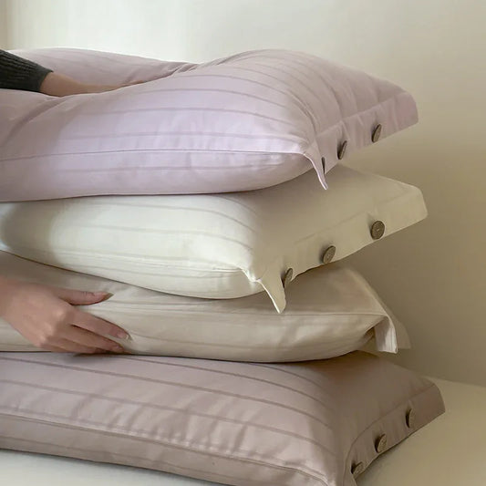 White Wide Stripes Long Staple Cotton Sateen Pillowcase Set - Jacquard Striped, Pure Cotton, 48x74cm (Pair) - Mekamart Australia