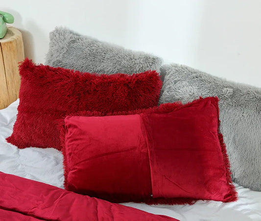 Claret Faux Fur Pillowcase Set - Crystal Velvet Plush Throw Pillow Covers, Bedding Accent (50x70cm, Pair) - Mekamart Australia