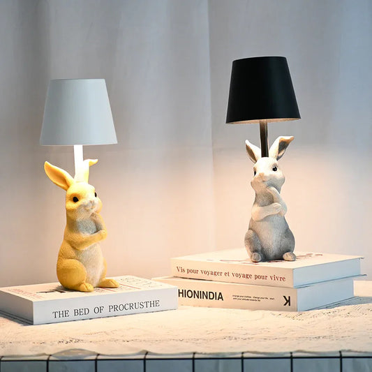 White Bunny White Lampshade Adorable Rabbit Resin Table Lamp - 3-Color LED, USB Rechargeable, Touch Dimming - Mekamart Australia