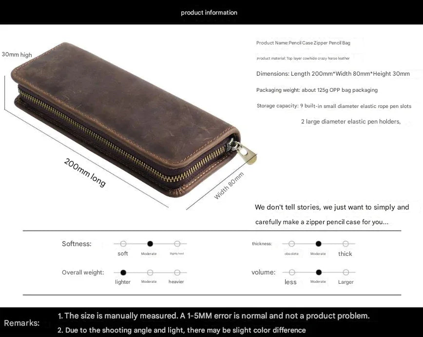 Black Genuine Leather Pencil Case - Vintage Zip-Up Pen Holder with Elastic Loops - Mekamart Australia