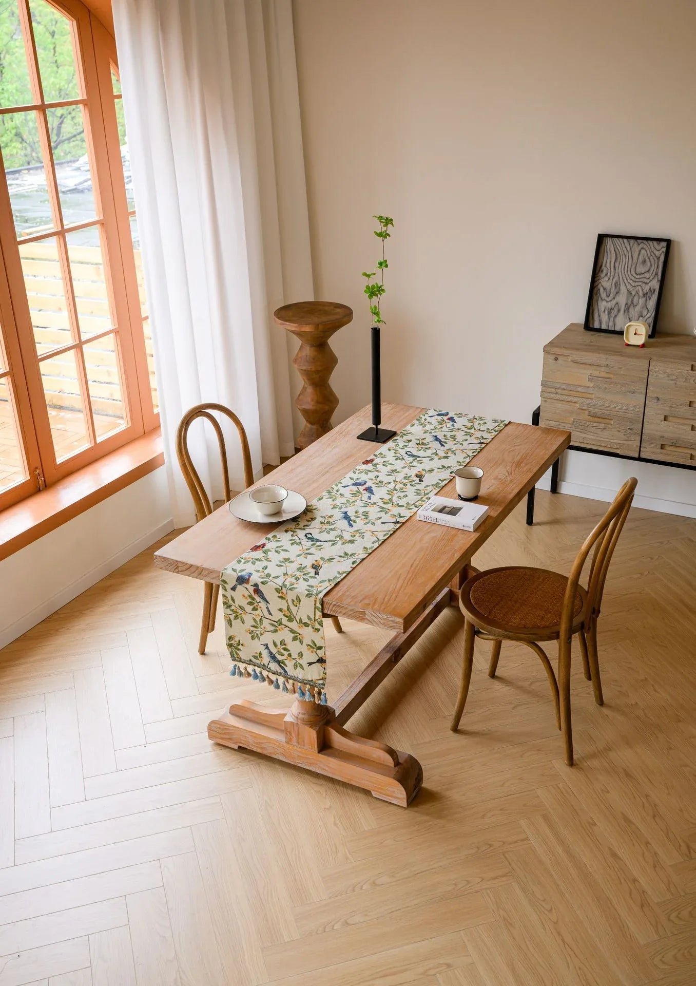 Birds & Branch Table Runner - Jacquard Woven Beige with Tassels(33X200CM) - Mekamart Australia