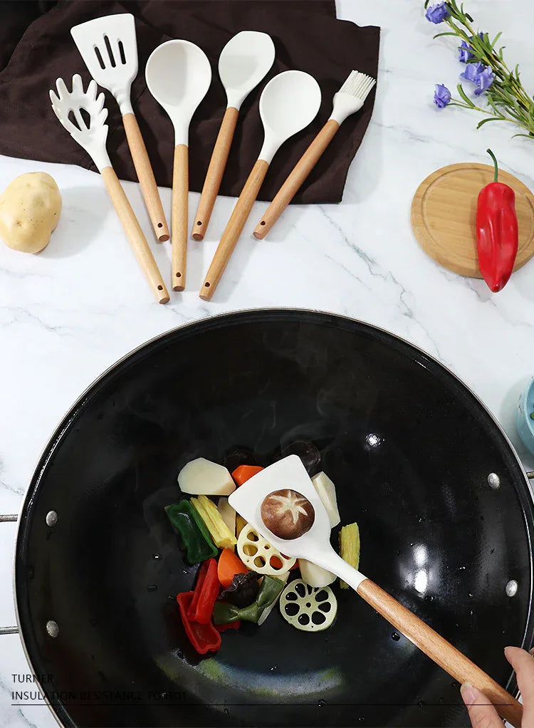 Red 11-Piece Silicone Kitchen Utensil Set with Wooden Handles and Storage Bucket - Heat Resistant and Non-Stick - Mekamart Australia