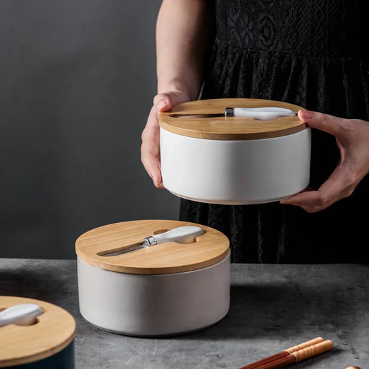 Yellow Nordic Ceramic Butter Dish with Knife - Airtight Cheese Container with Bamboo Lid, Kitchen Storage - Mekamart Australia