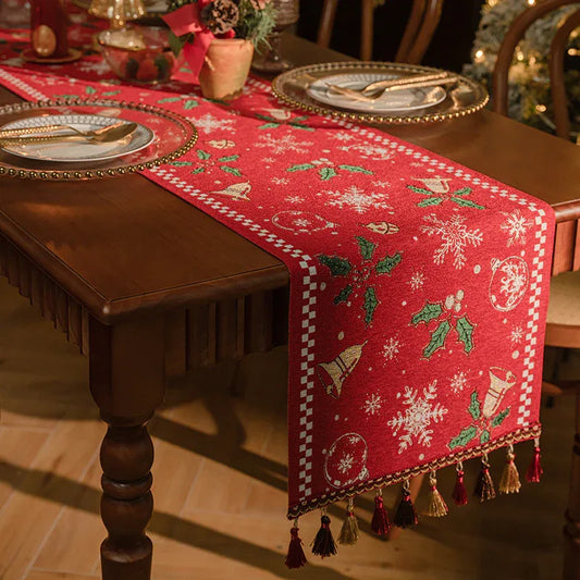 Red Christmas Table Runner with Tassels - Festive Snowflake & Bell Print (35*180cm) - Mekamart Australia