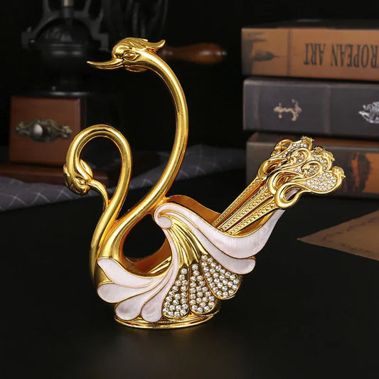 Gold Elegant Double Swan Cutlery Holder Set with 6pcs Spoons - Mekamart Australia