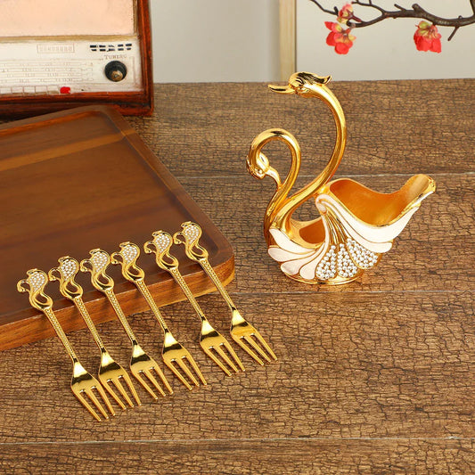 Gold Elegant Double Swan Cutlery Holder Set with 6pcs Fork - Mekamart Australia
